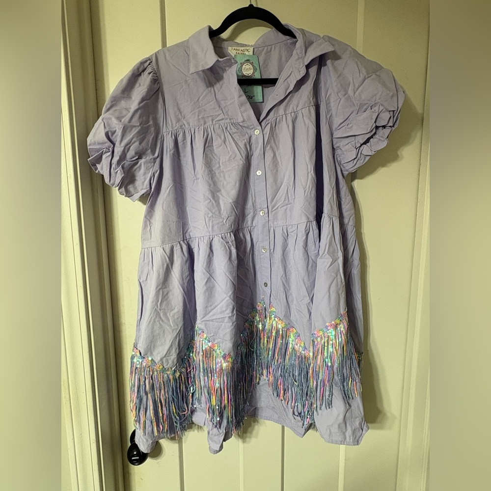 Fantastic Fawn Button-Front Lavender & Sequin Fringe Dress